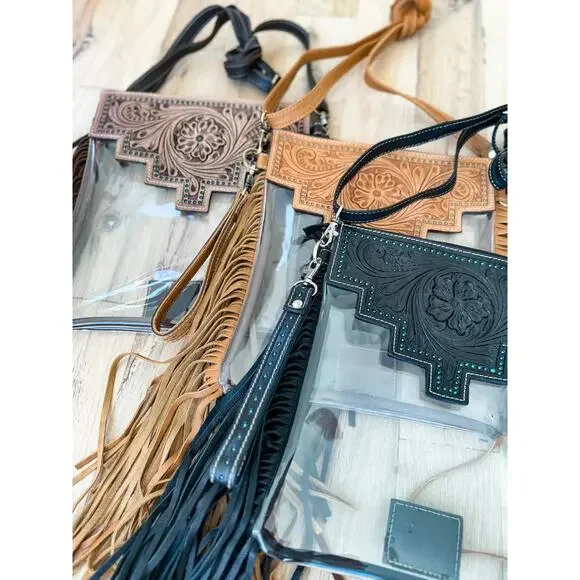 Shayne Large Hand Tooled Fringe Clear Crossbody Stadium Bag - Picture 3 of 6